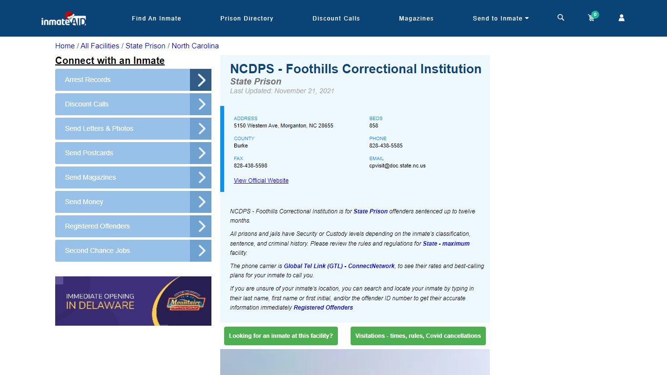 NCDPS - Foothills Correctional Institution & Inmate Search | Visitation ...